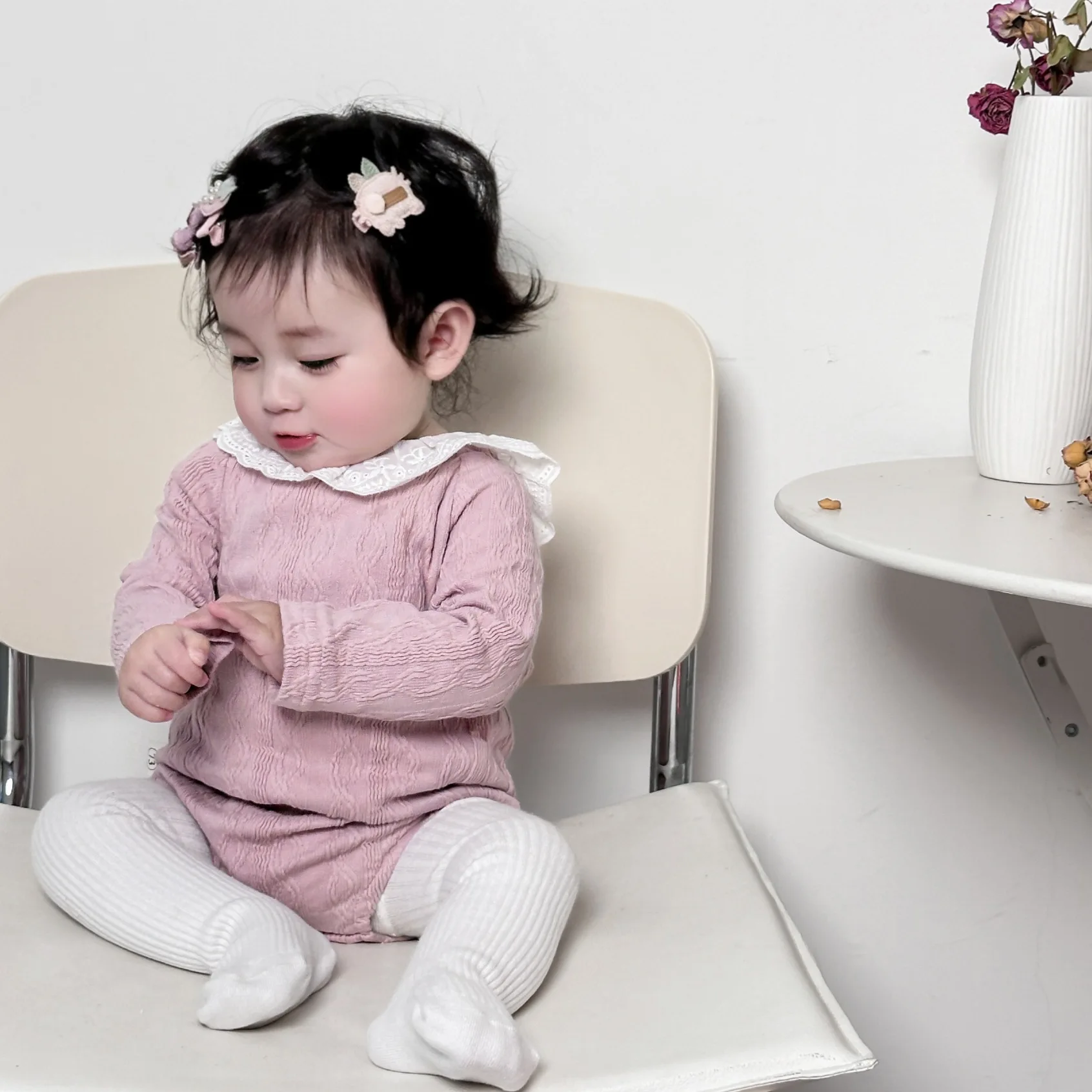 2024 Spring New Baby Girl Long Sleeve Lace Collar Bodysuit Newborn Toddler Solid Fashion Versatile Jumpsuit Infant Clothes 0-24M