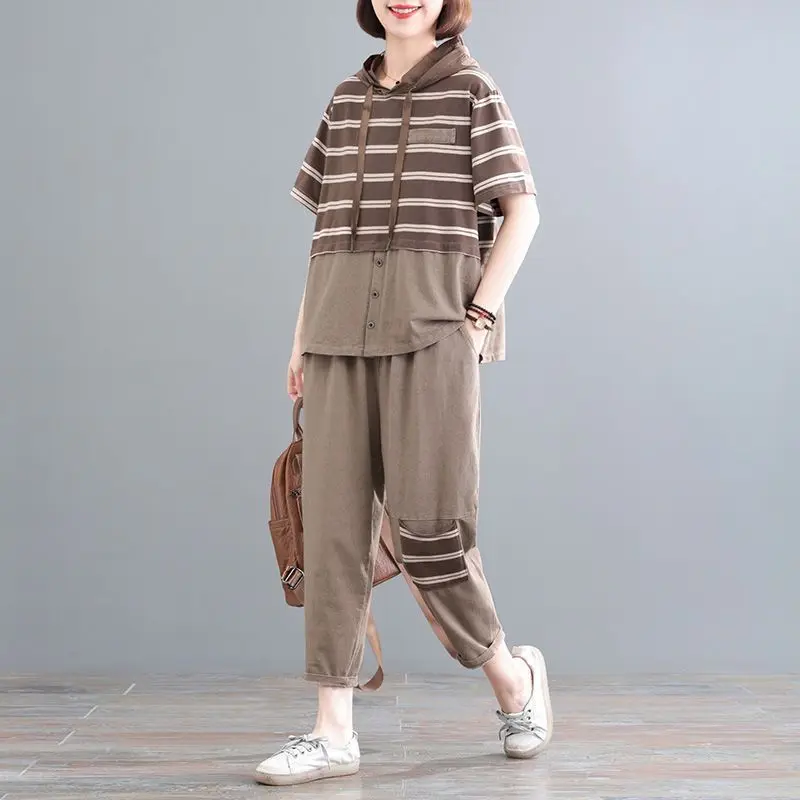 Casual Short Sleeve Hoodies Suits Women Summer Korean Loose Large Size Stripes Hooded T Shirt Straight Pants Fashion 2 Piece Set