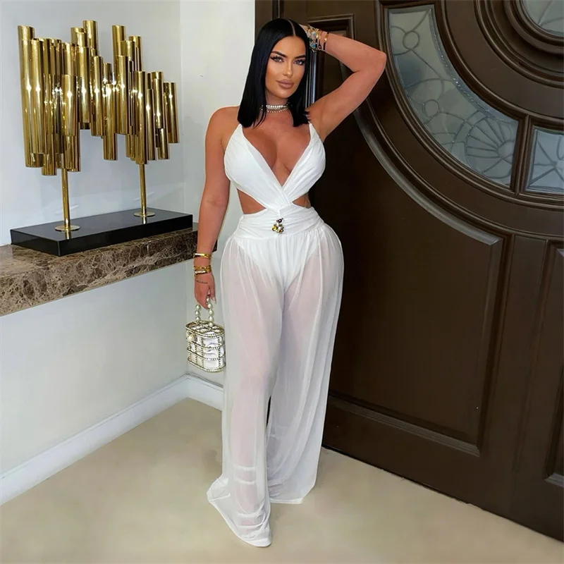 

Sexy Spaghetti Strap V-neck Mesh Jumpsuits Woman Club Wear Night Party Sleeveless Ruched Patchwork One Piece Rompers Birthday