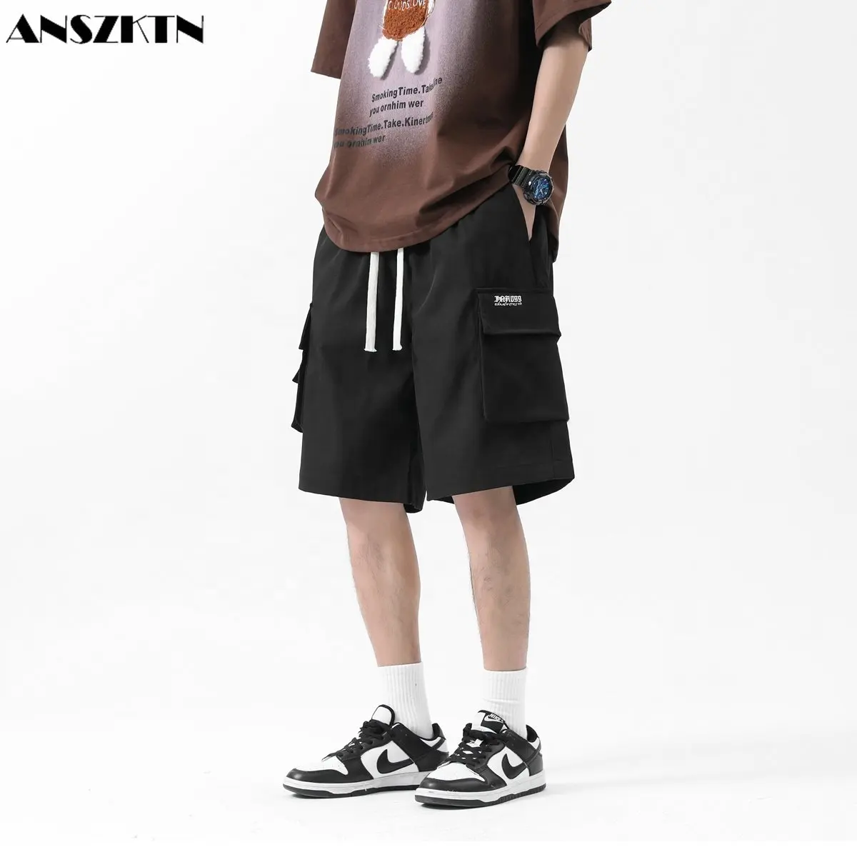 ANSZKTN Men summer men's multi-pockets casual loose straight ice silk pants beach pants Cargo mens shorts