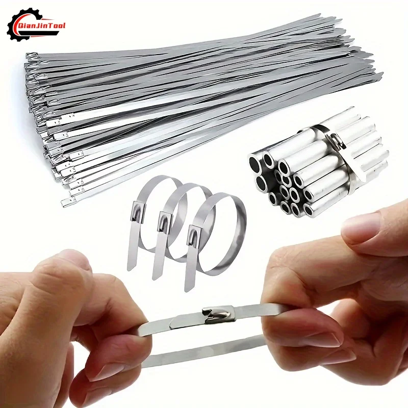 100Pcs 304 Stainless Steel Cable Tie 4.6mm Heavy Duty Self-Locking Fastening Ring Metal Wire Cord High Temperature Resistant Tie