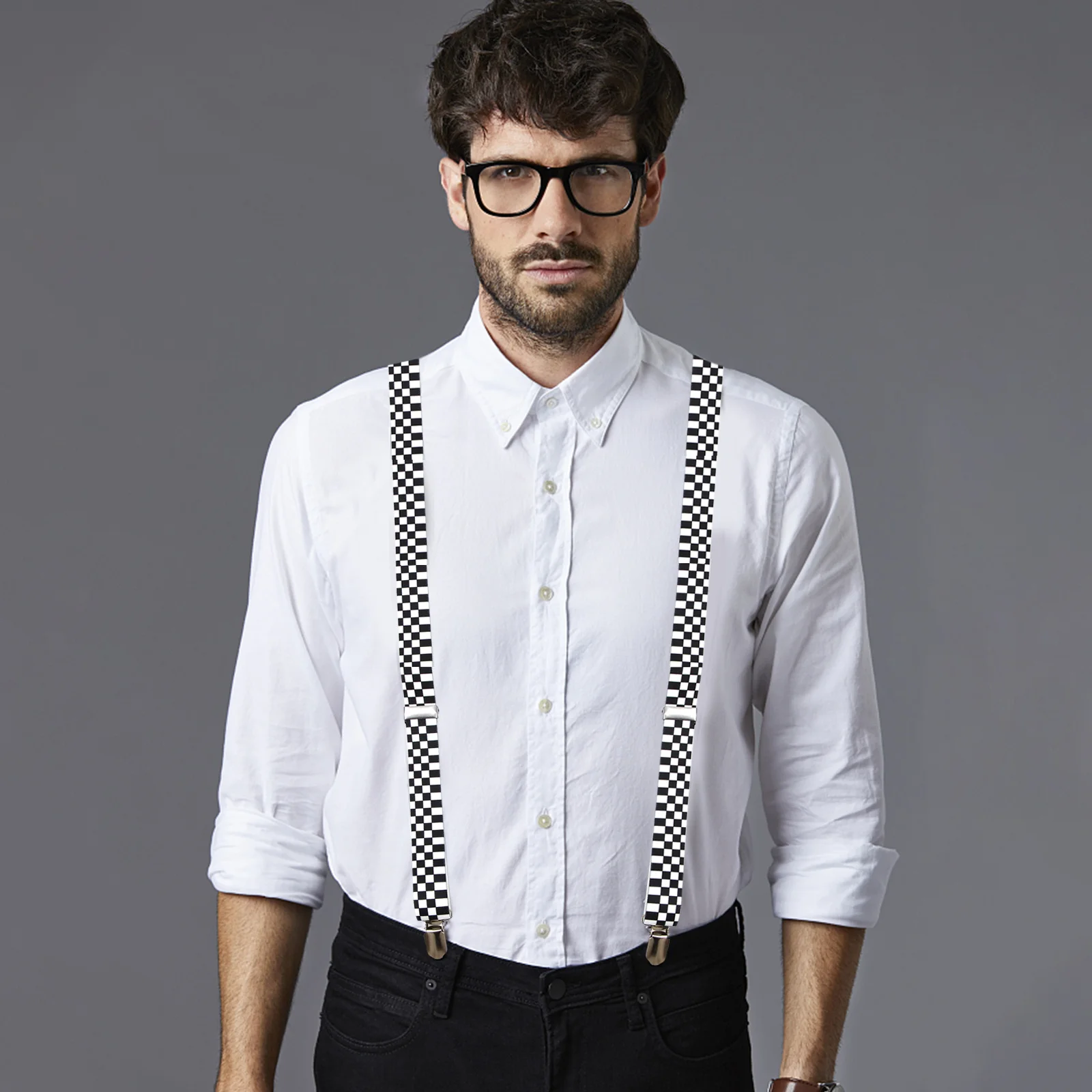 Checkered Clip-on Braces, elástico Y-back Suspender, preto e branco