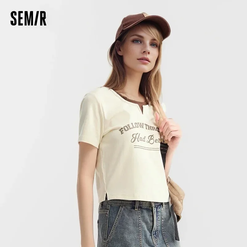 Semir Short Sleeve T-Shirt Women Short Letters American Retro 2024 Summer New Fake Two Pieces Slim Open Tops T shirt