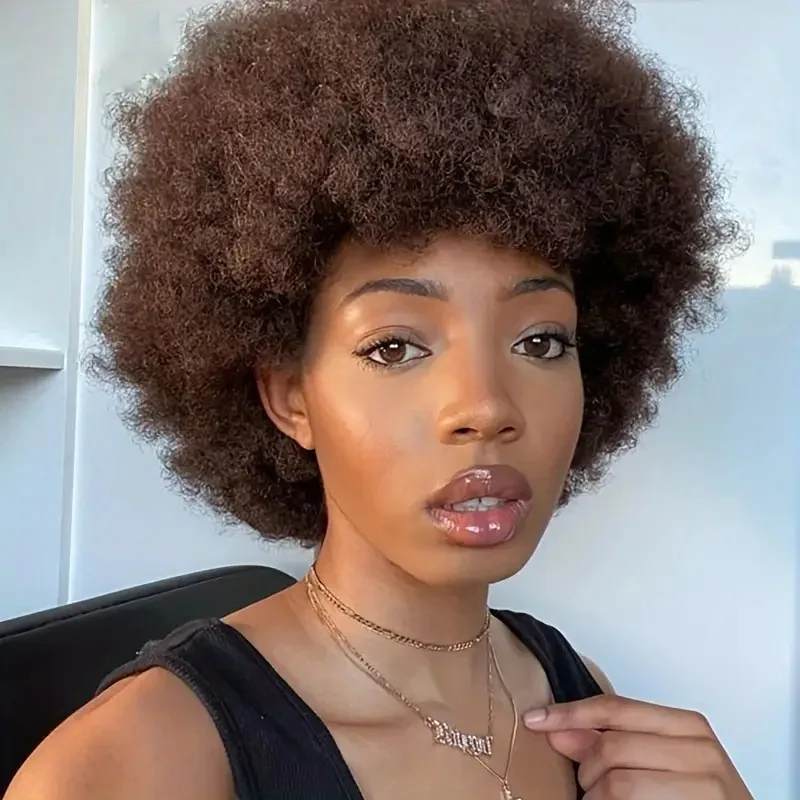 여성용 짧은 곱슬 가발, 풍성한 아프로 인모 가발, 150% 밀도 곱슬 인모 가발, 전체 기계 제작 픽시컷 가발