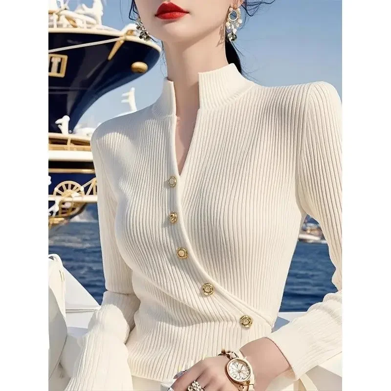 

Autumn New Unique Chic Slim Fit Solid Color Stand Up Collar Knitted Sweater Pullover Women's Chic Long-sleeved Top