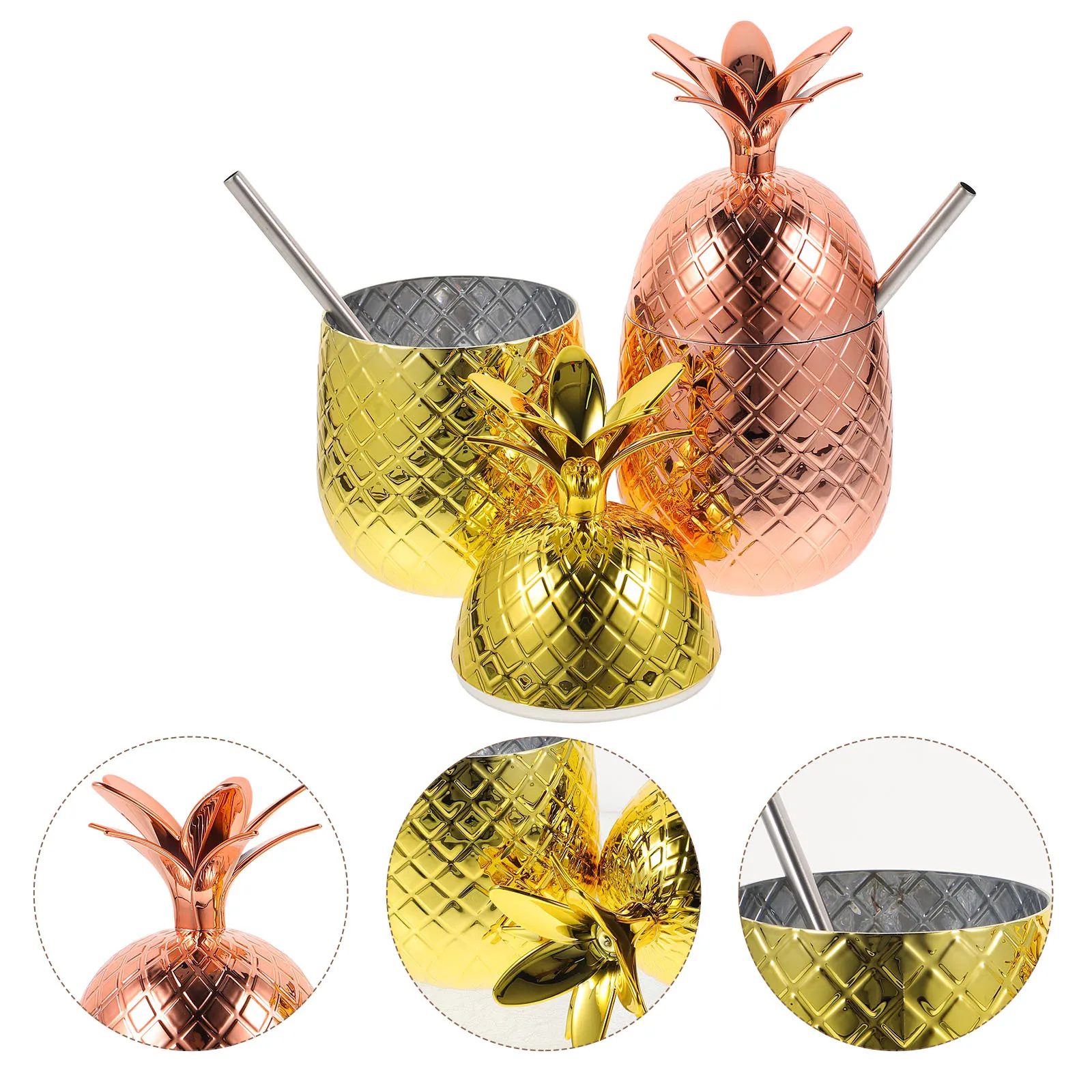 

2Sets Pineapple Cocktail Cup Sturdy Juice Drinking Cup Creative Shape Bar Pub Party Glass with Lid and Straw Tropical Decor