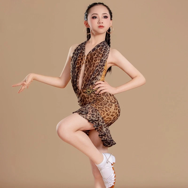 زي أداء الرقص اللاتيني للأطفال، مجموعة خيوط بطبعة الفهد للأطفال، مجموعة زي فئة التدريب، بدون عظم