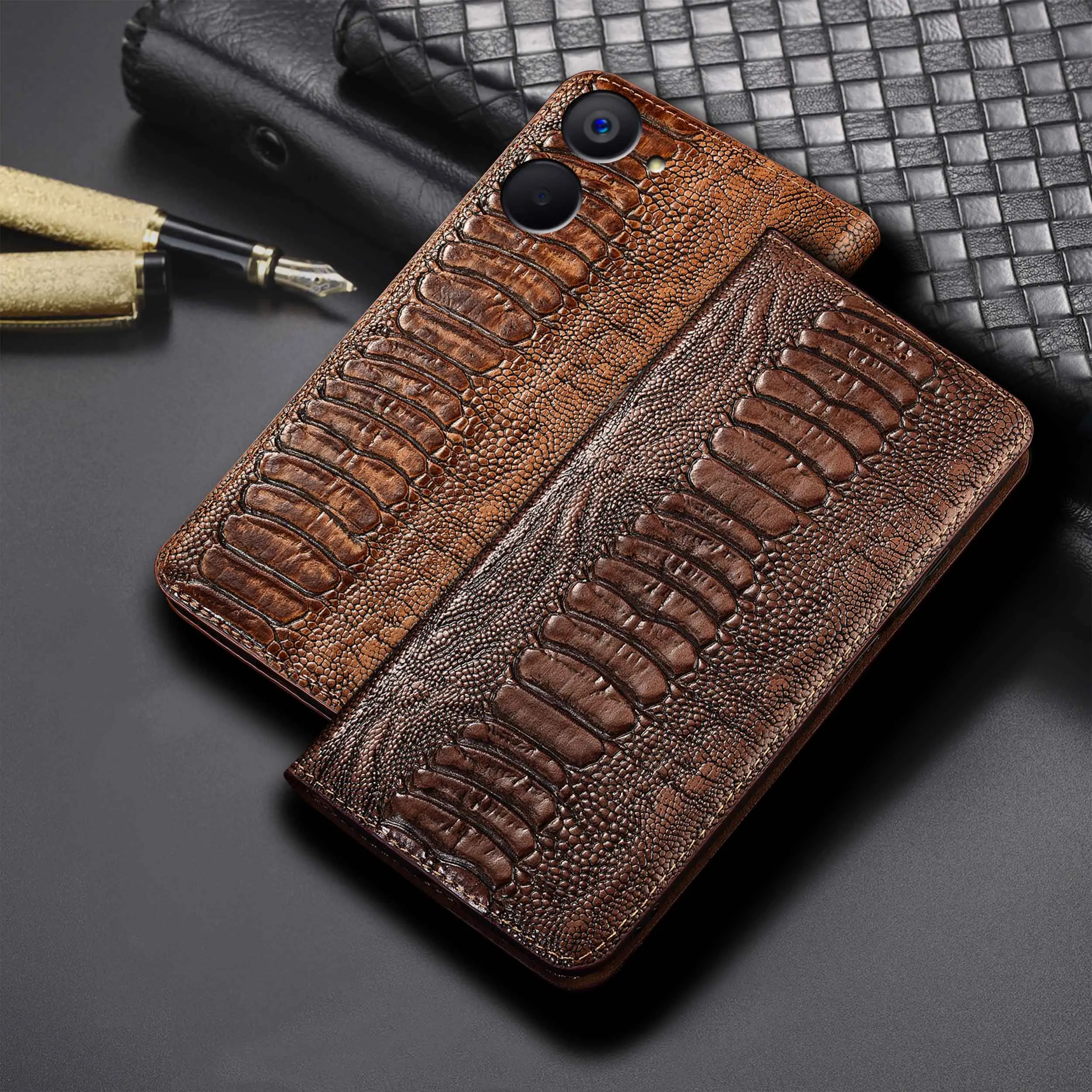 

For Realme Q2i Q3i Q3 Q5 Q5i Pro Ostrich Feet Pattern Of Genuine Leather Wallet Flip Phone Cover Case Cowhide Scratch-Resistant