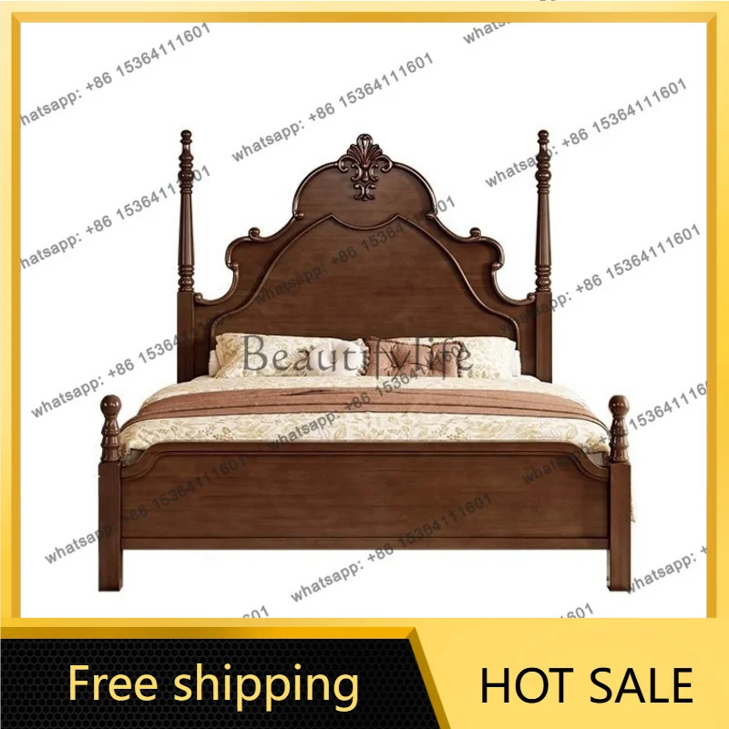 Factory Direct Sales American All Solid Wood French Vintage Oak Bed Roman Column Carved Queen Bed