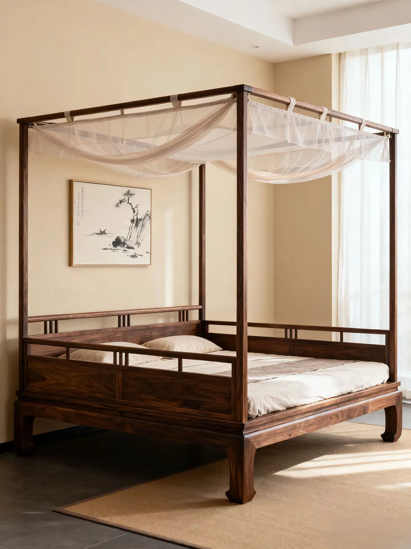 New Chinese Style North American Black Walnut Wood Trellis Bed, Song-style Aesthetic Minimalist Bunk Bed, Bedroom Double Solid W