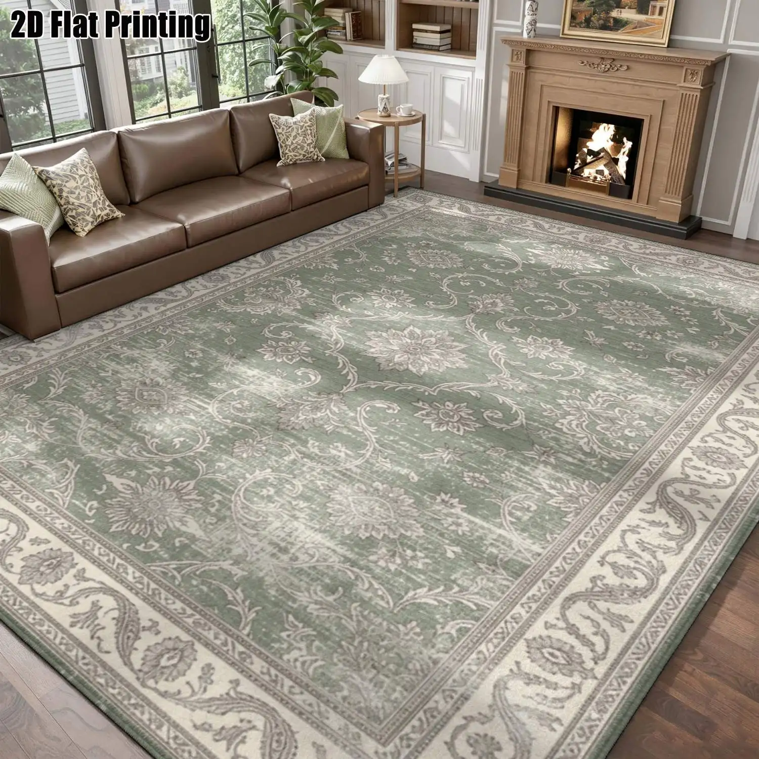1Pc 2D Printed Grey-Green Retro Scroll Pattern Carpet, European Style, Washable, Multi-Size for Home Decor & Multi-Scene Use