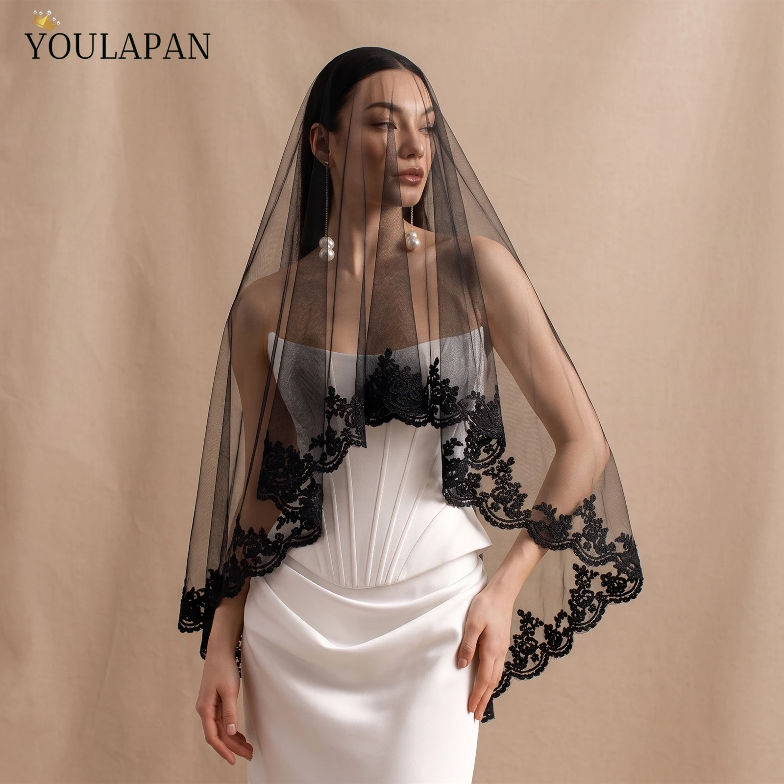 TOPQUEEN Mantilla Encaje EspañOla Black Veil Covers Face Front And Back Lace Bridal Veil Elbow Length Halloween Accessories V65