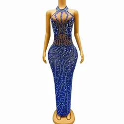 Luxury Sparkly Rhinestones Crystals Sexy Blackless Mesh Dress Stretch Birthday Celebrate Costume Party Evening Photoshoot Gowns