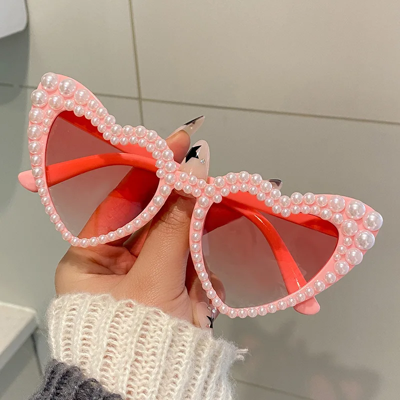 Fashion Pearl Love Heart Sunglasses Women's Large Frame Bling Glasses Wedding Party Decorative Sunglasses Y2K Couple Sun Glasses