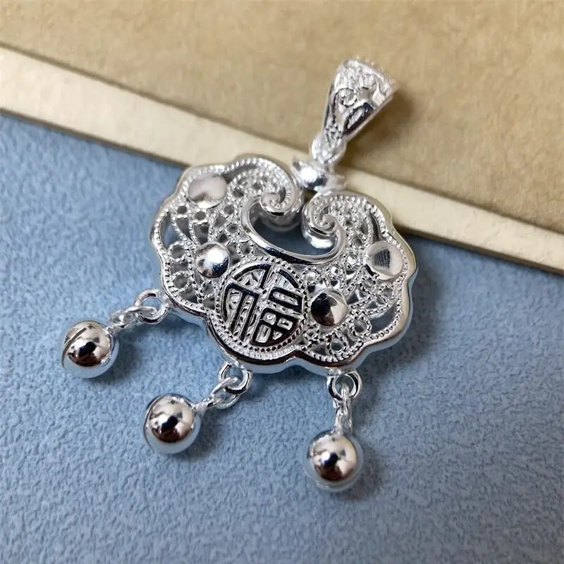 999 Pure Silver Pendant Necklace with Handmade Hollow Carving 'Longevity Lock' for Girls Child Safety Lock Moon Lock Peace Lock