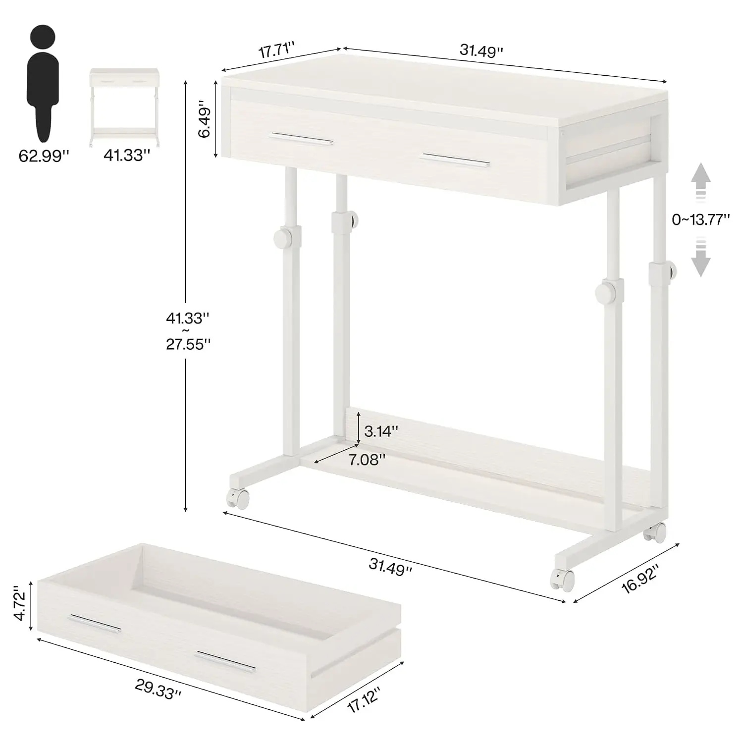 Portable Desk With Drawers & Wheels, Mobile Laptop Sofa Side Table, Small Standing Home Office Desk, White, Customized