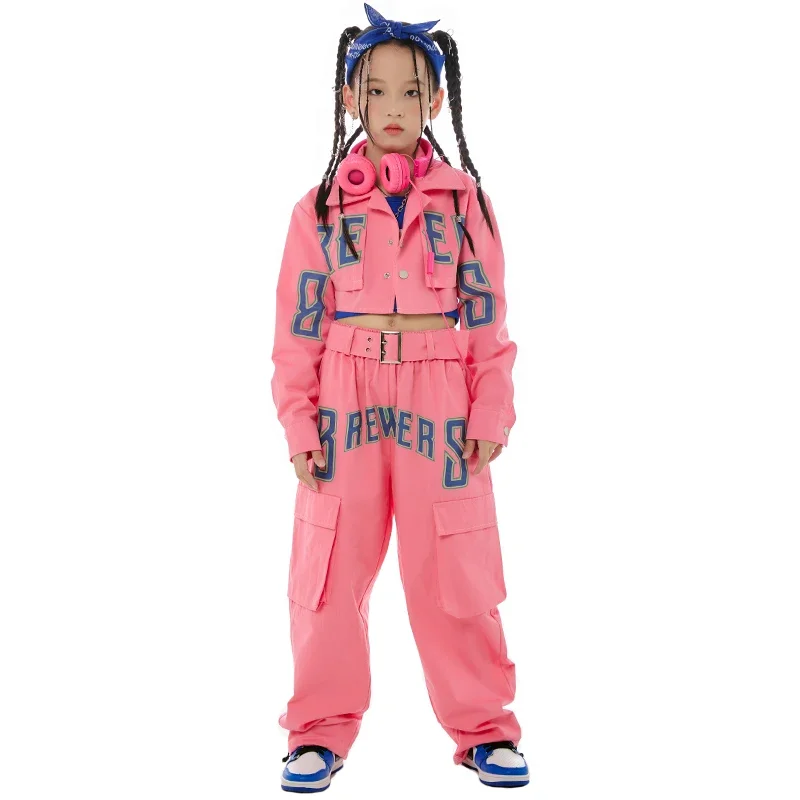 Manteau et pantalon de danse de rue pour enfants, tenue de scène, vêtements de danse jazz roses pour filles, costume hip hop, manches longues