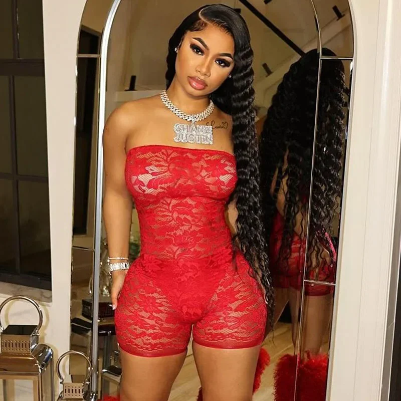 

Sexy Floral Lace See Through Short Jumpsuits for Women Rompers Strapless Stretchy Skinny Playsuits Night Club One Piece Bodysuit
