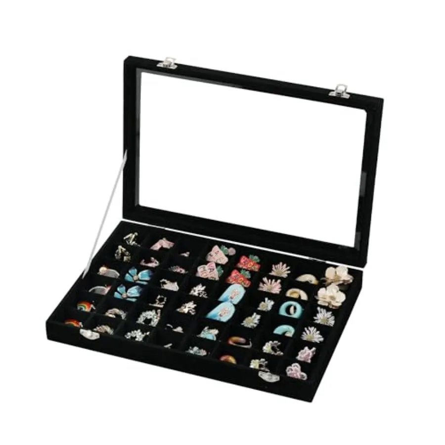 

Органайзер для украшений на 48 ячеек с регулируемыми отделениями для серег, стеклянной крышкой и бархатным выдвижным ящиком для колец и пусет, 13.8 x 9 дюймов