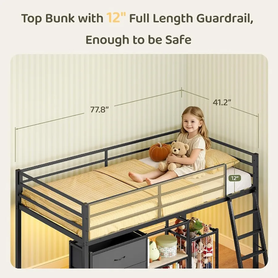 Low Loft Bed for'Room: Metal Twin Frame with 3 Drawers, 2-Tier Shelf, Toy Basket, LED Lights Inclined Ladder White