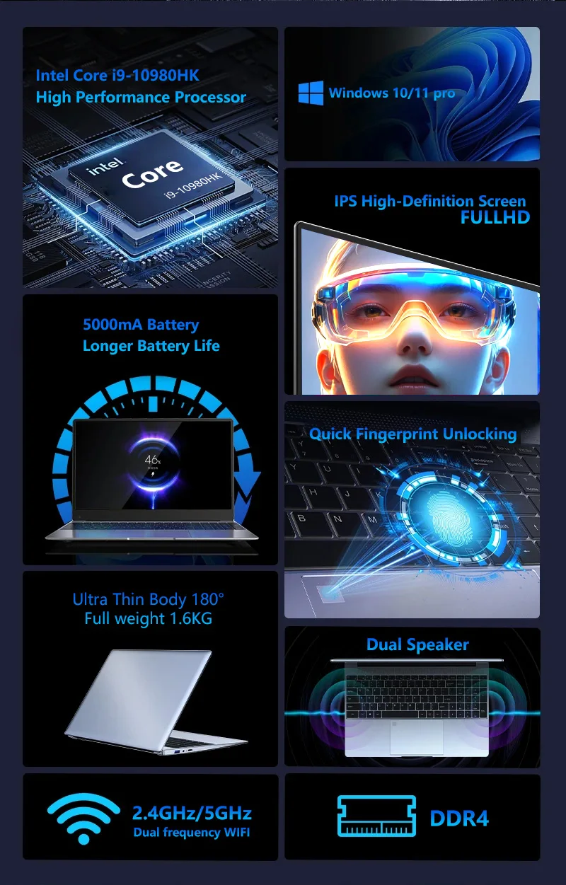 NAIWO 15.6 Gaming laptop with Intel Core I9-10980HK 32GB RAM 512GB 1TB 2TB SSD WiFi 6 Windows 11 PRO high-performance laptop