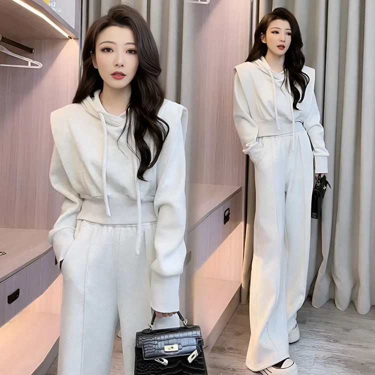 

Women's Hooded Sweatirt Wide Leg Pants Set Casual Faionable Two Piece Suite Long Sve Dstring Spring Autumn New Arrival