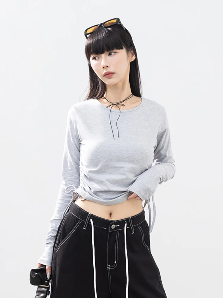 

Новая женская повседневная футболка Queenop осень-зима, длинная, с круглым вырезом, с боковыми завязками, дышащая, из смесового хлопка