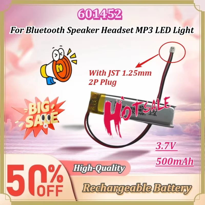 For Bluetooth Speaker Headset MP3 LED Light 601452 3.7V 500mAh Li-polymer Rechargeable Battery With JST 1.25mm 2P Plug