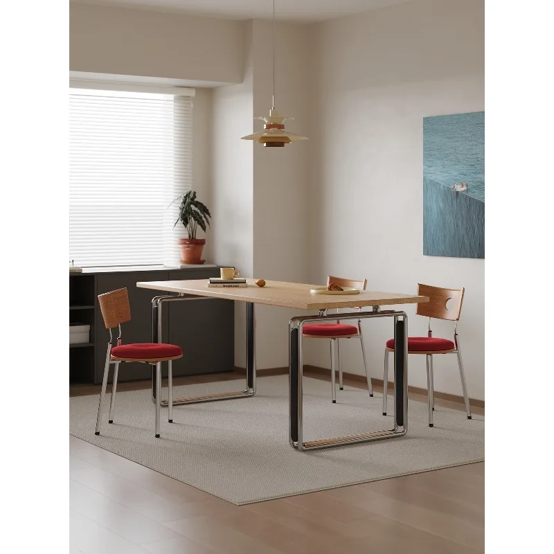 

Bauhaus solid wood dining table antique household rectangular stainless steel desk