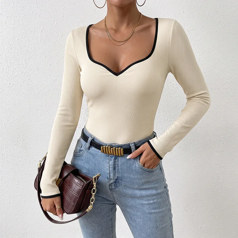 Chic 2026 Simple Casual Style Skinny Bodysuits Top Women Contrasting Color Hemming V-neck Pit Strip Long-sleeved Onesie Y2K