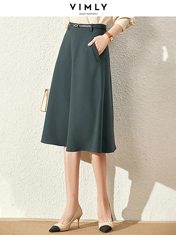 Vimly A-line Skirts for Women 2023 Autumn New Fashion Solid Peacock Blue Simple Versatile Belt Midi Skirts with Pockets V0835