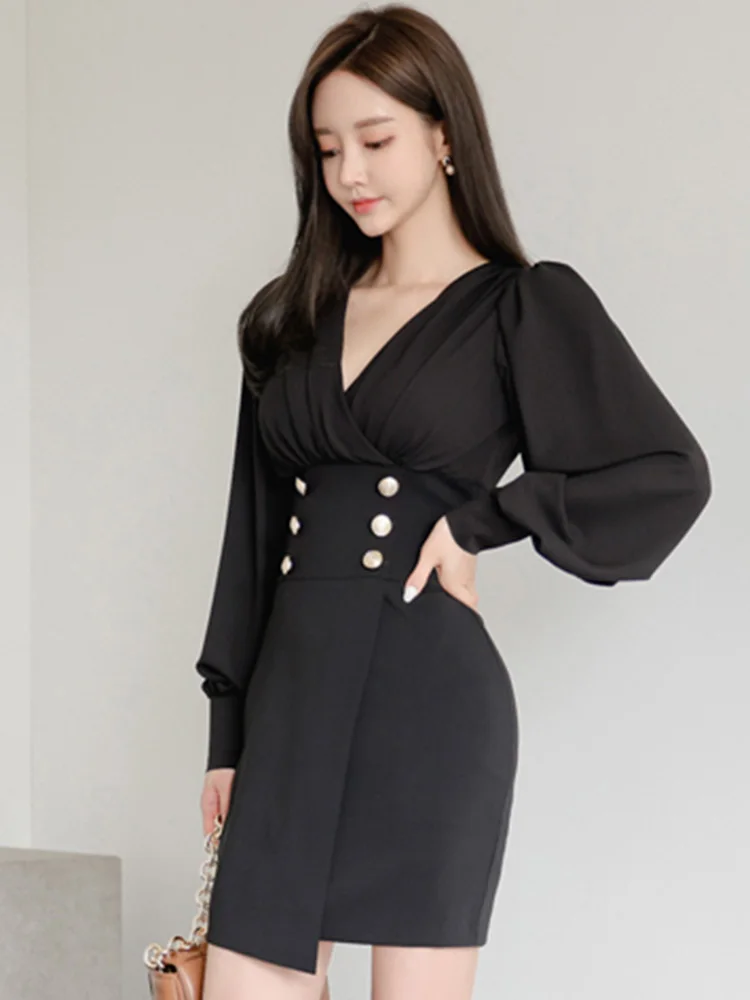 Career Office Lady Dress Black White V-Neck Lantern Sleeve High Waist Double Row Decorative Buckle Tight Fit Elegant Party Dress