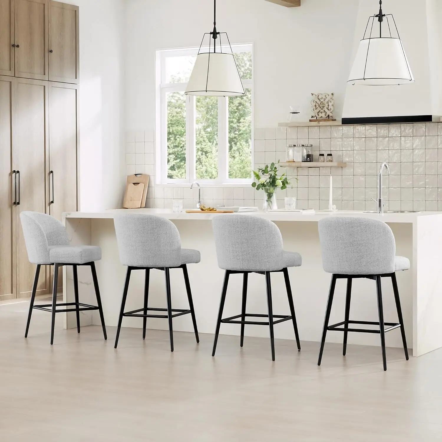 White Fabric Counter Height Bar Stools Set of 4 for Kitchen Dining, Customized - view 2