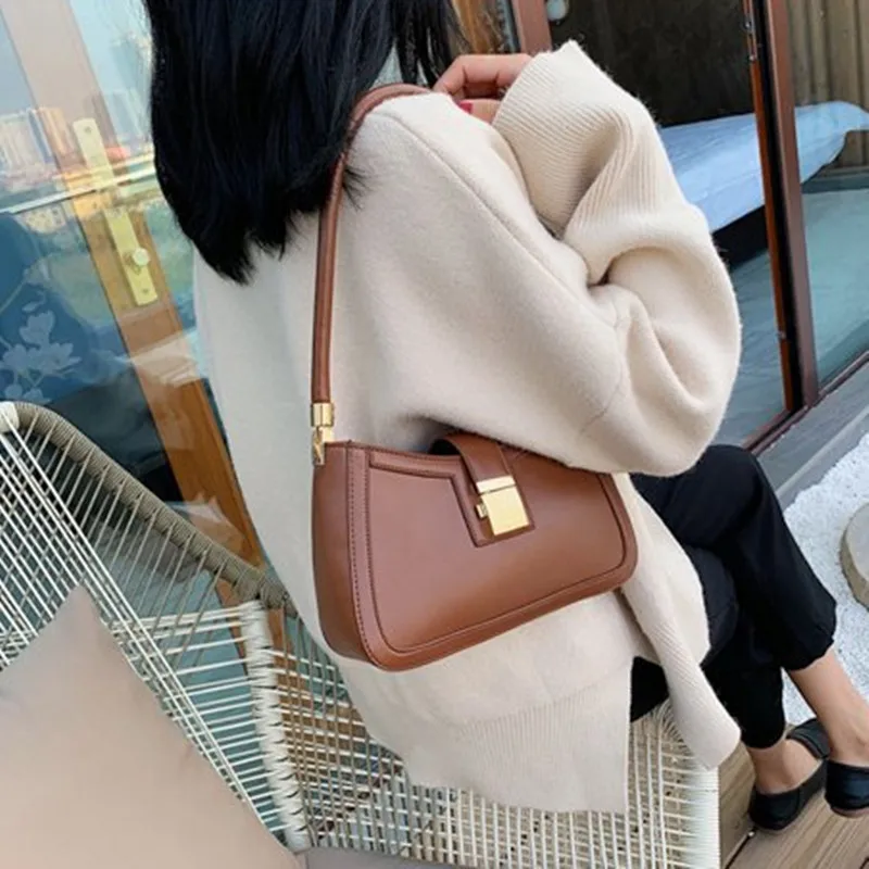 2024 Trend Frauen Einfarbig Schulter Taschen Mode PU Leder Schloss Handtaschen Kleine Geldbörse Hand Dame Designer Casual Tote Tasche