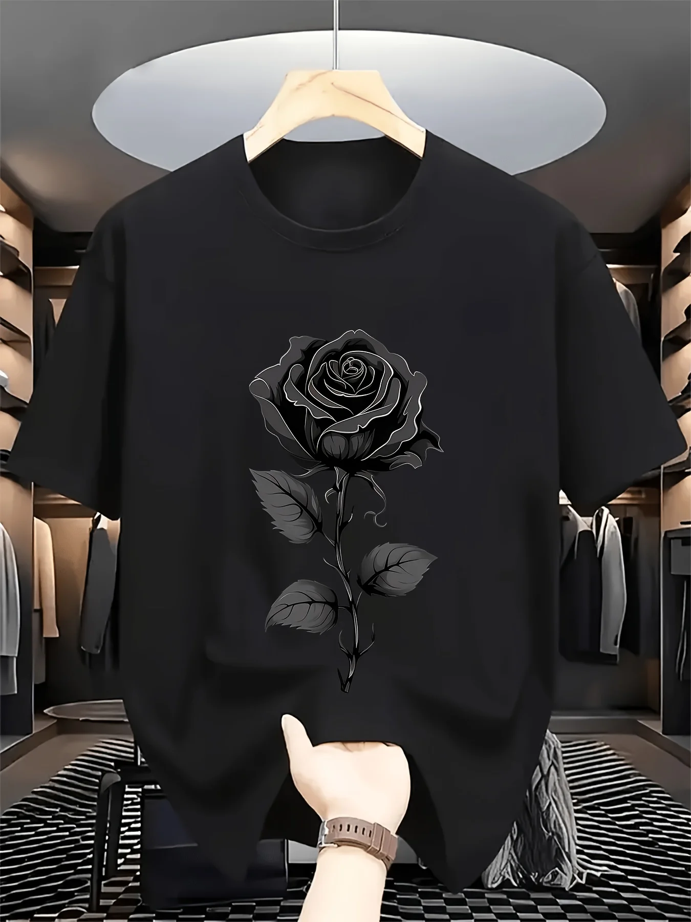 Men's Vintage Black Rose T-Shirt, Minimalist Floral Design, Round Neck, Machine Washable, Suitable for Casual and Formal Occasions, All Seasons, Perfect for Weddings, Parties, and Office Wear The Perfect Mother's Day Gift, Plus Size.