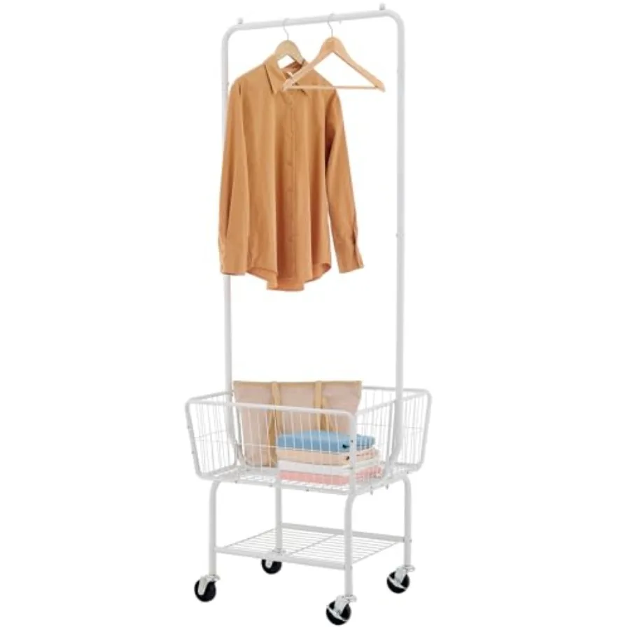 

Laundry Cart with Hanging Rack Metal Laundry Basket with Wheels Laundry Hamper with Storage Basket and Shelf Rolling Laundry Ca