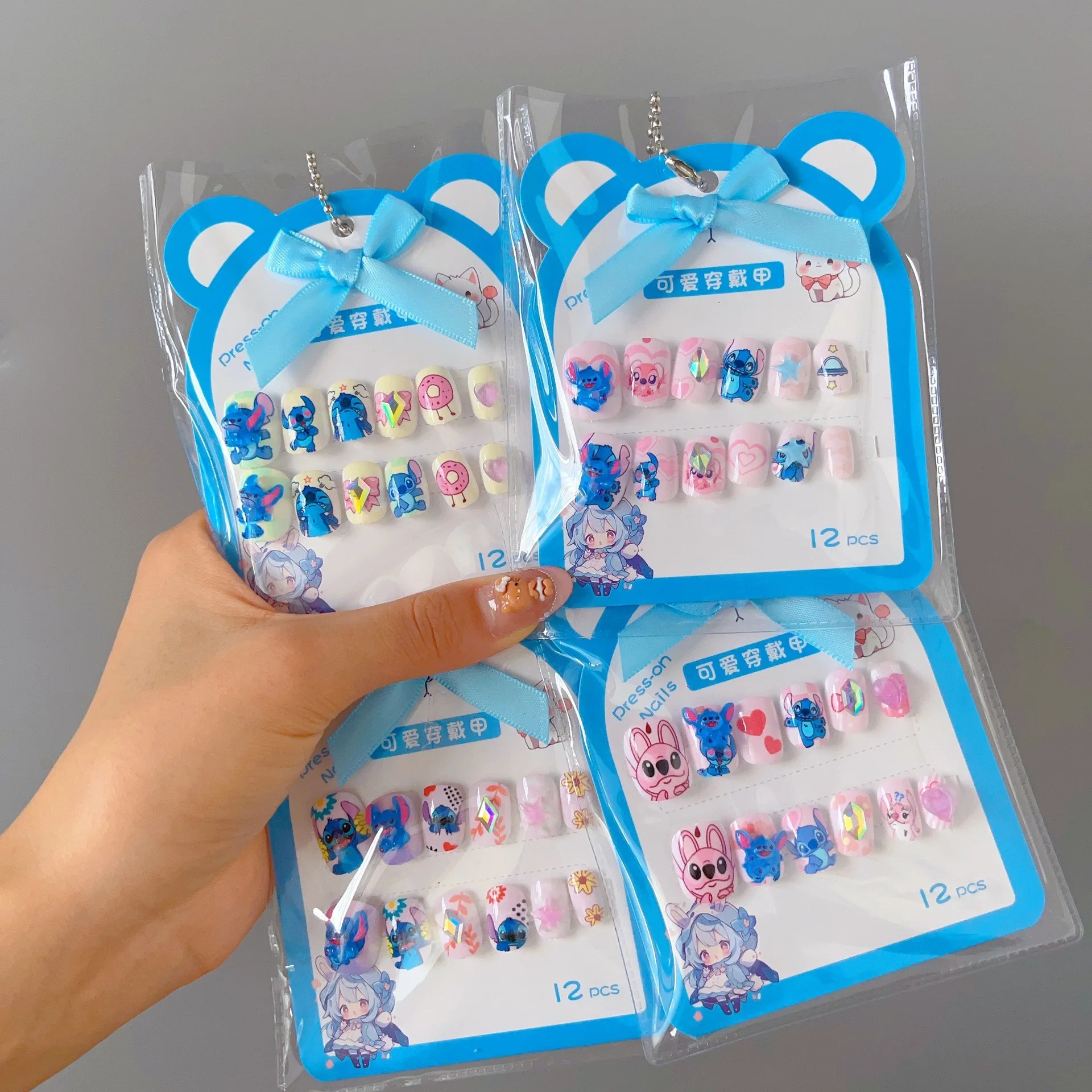 

Lovely Cartoon Stitch Kids Press On Nails Kawaii Square Short False Nail For Girls Reusable Children's False Nails 4pcs/set