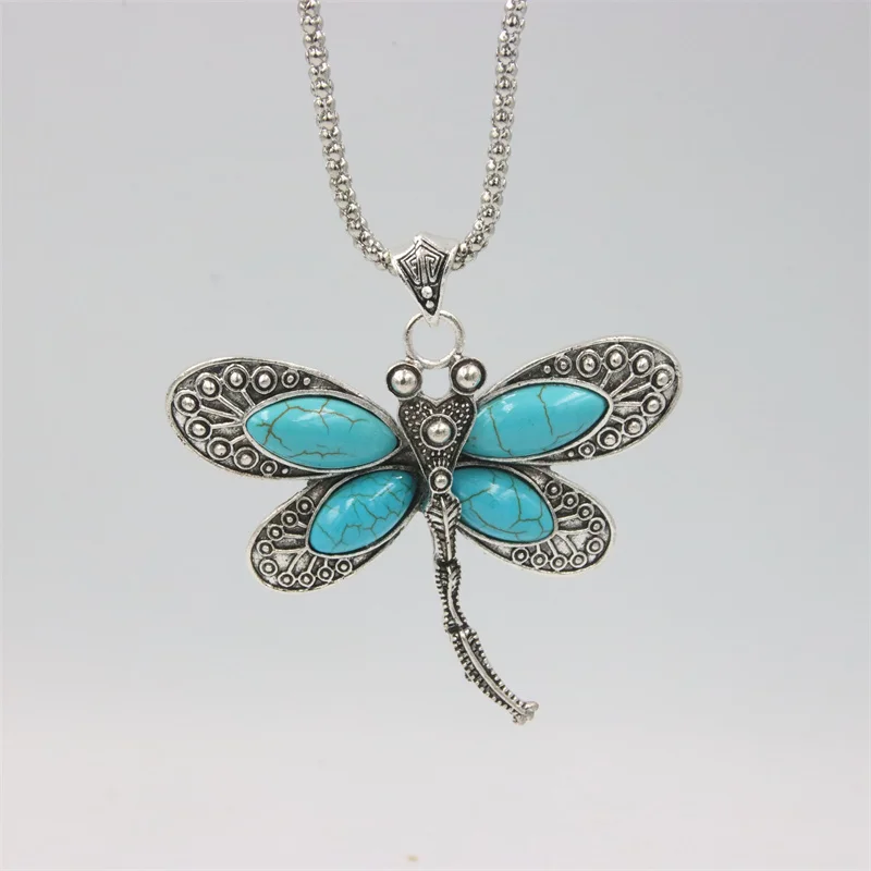 ZFSILVER Fashion Retro Ethnic Tibetan Sliver Plated Synthetic Turquoise Dragonfly Necklace For Women Bohemian Jewelry Accessorie