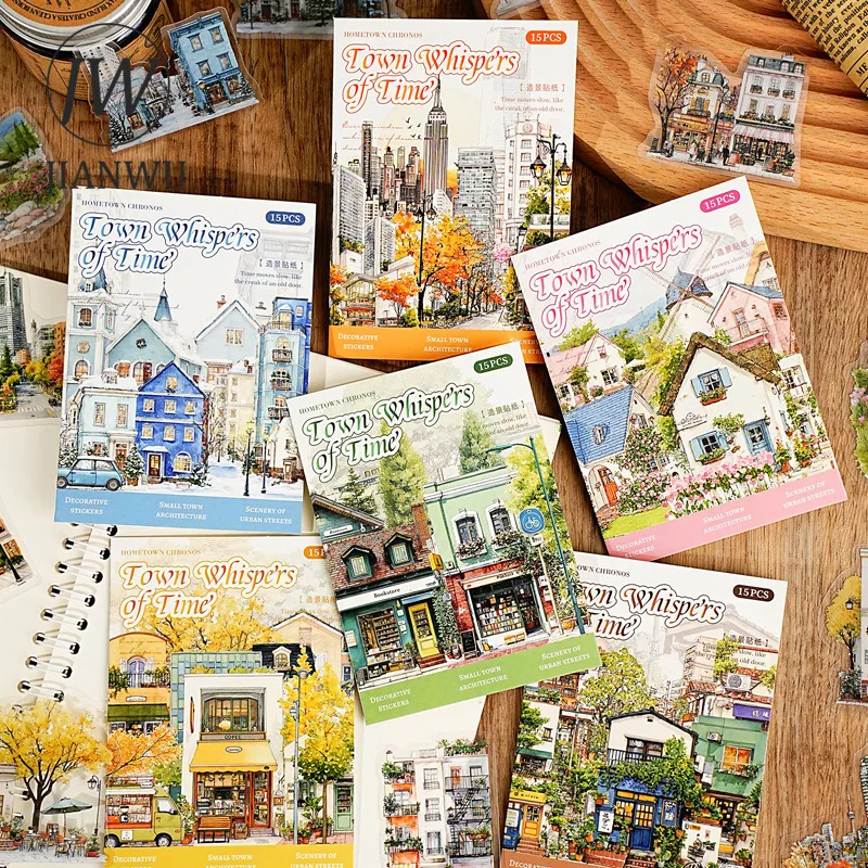 JIANWU Small Town Time Series Vintage House Tree Landscape Material Collage PET Sticker Creative DIY Journal Stationery