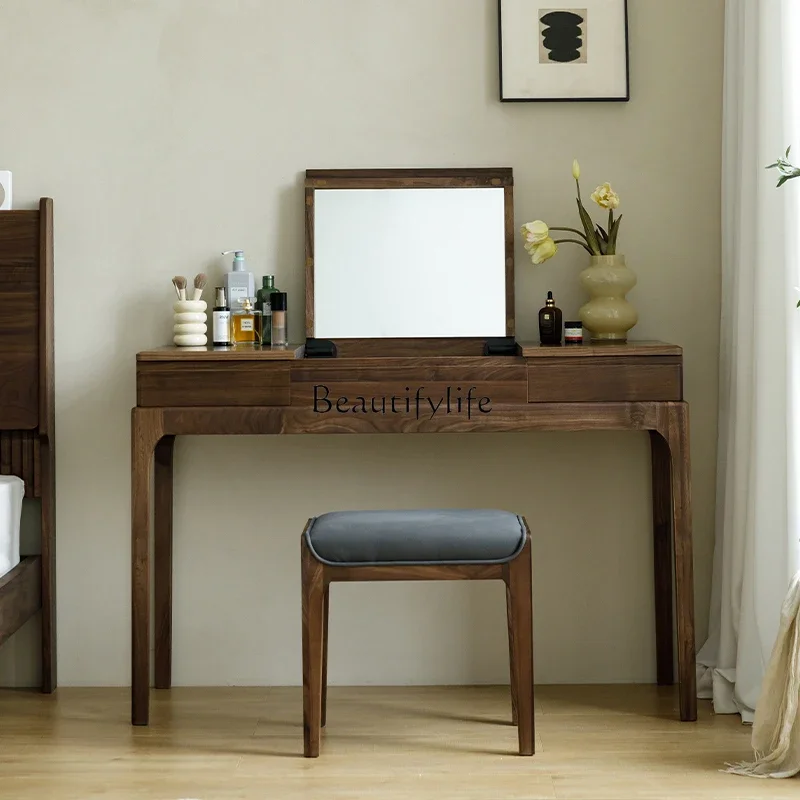 

.All solid wood dresser bedroom simple small apartment black walnut flip dresser desk