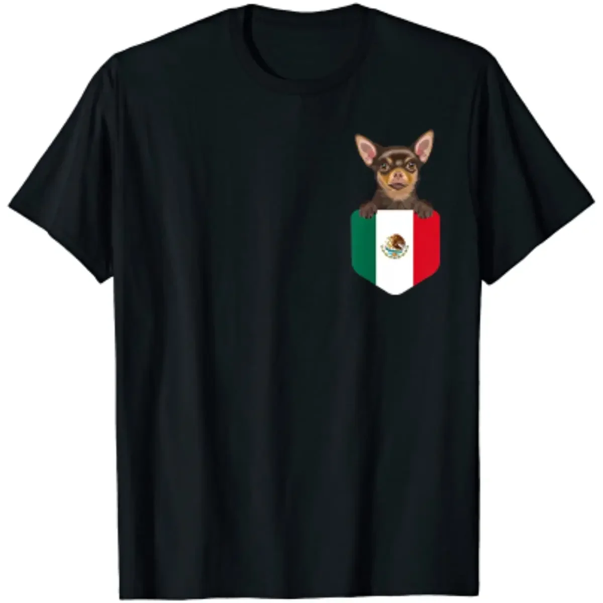 Mexico Flag Brown Chihuahua Dog In Pocket Men T-Shirt Short Sleeve Casual Cotton O-Neck Summer T Shirts