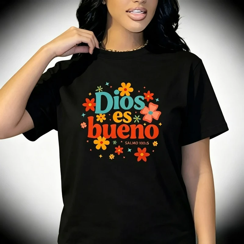 Dios es bueno Colorful Flower Print Casual Women Modal T‑Shirt Positive Religious Graphic Tee Daily Outdoor Holiday Streetwear