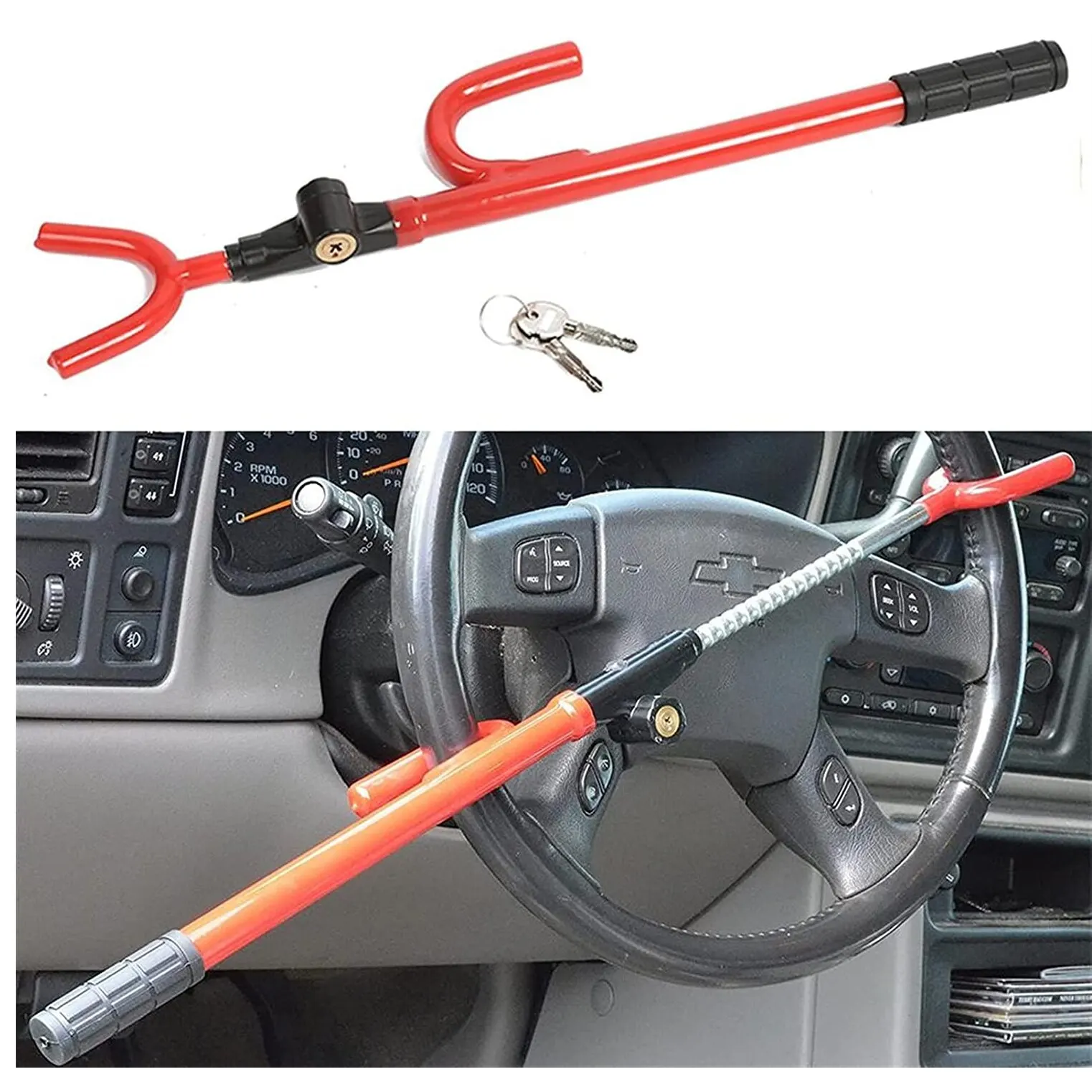 Twin Bar Steering Wheel Lock Anti-Theft Security System Adjustable Length Hook With 2 Keys