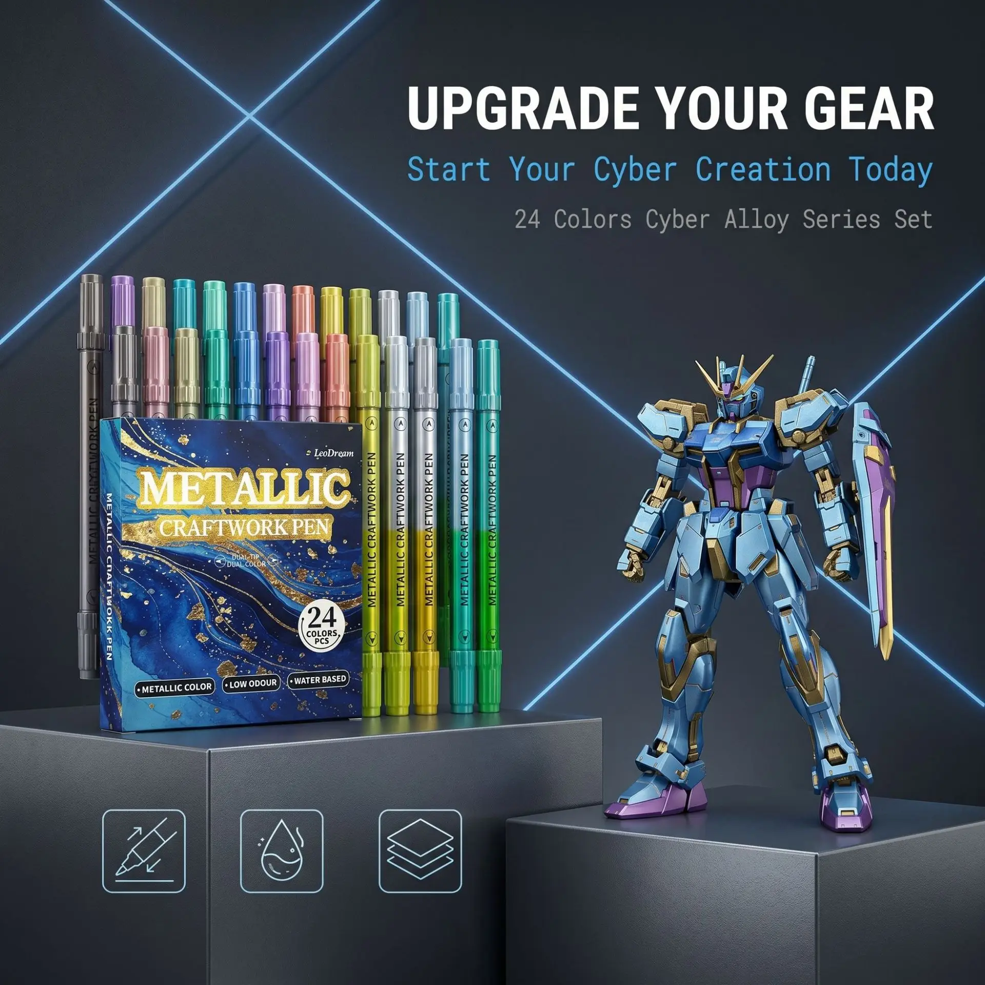 24 Colors Metallic Acrylic Dual Tip Marker Set Water-based Low Odor Pens for 3D Printed Model Gundam Mecha Figure DIY Coloring