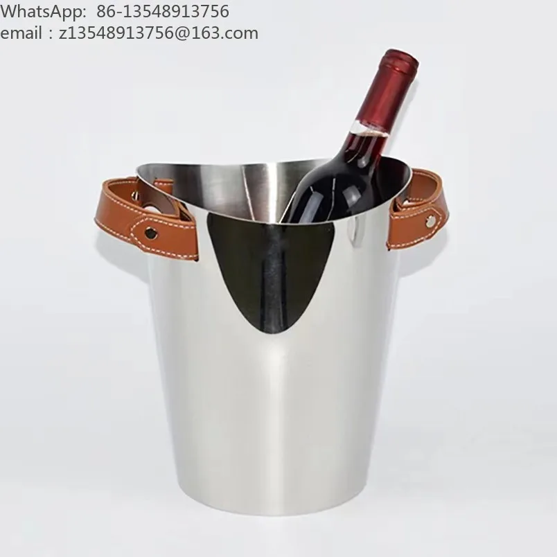 Light Luxury Wine Cooler Bucket Stainless Steel Leather Ice Bucket Desktop Ornament for Bar Kitchen Model Room