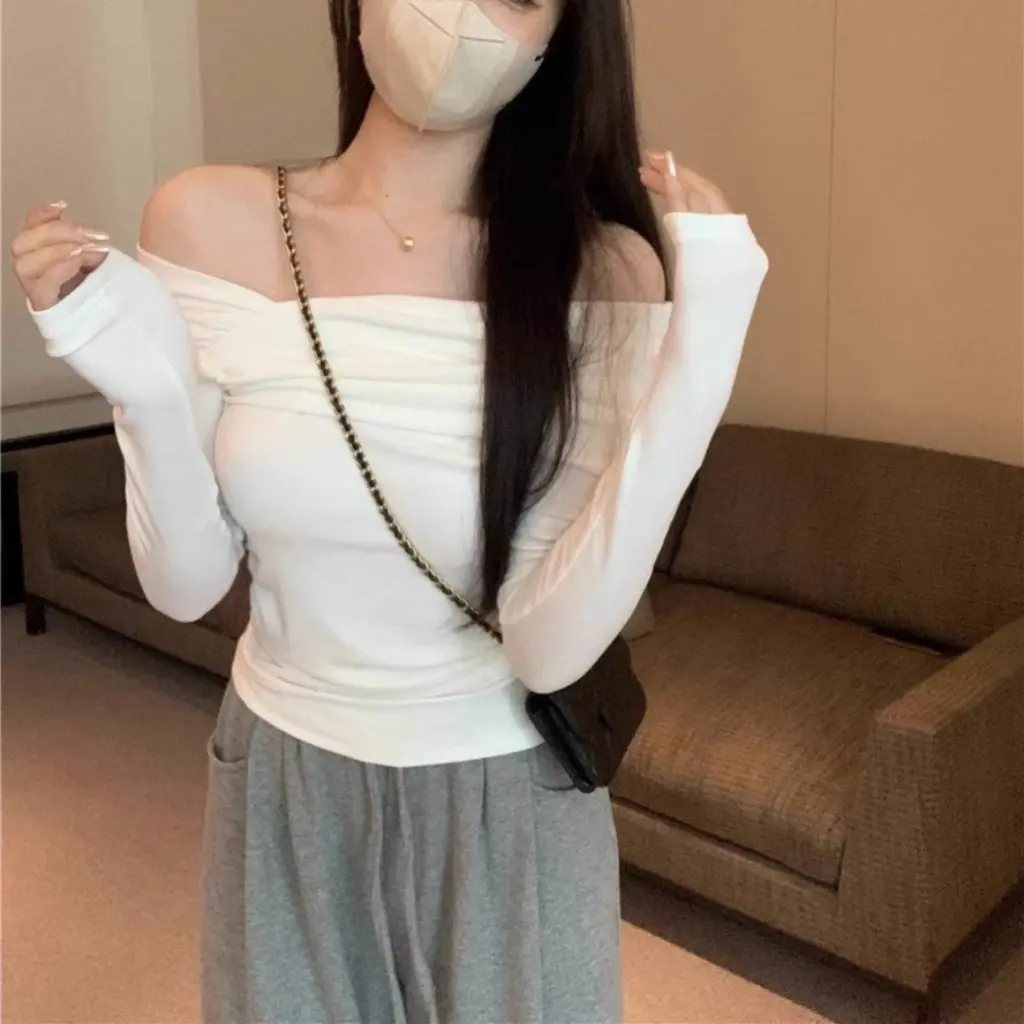 

Женская флисовая футболка с длинными рукавами, облегающая элегантная шикарная рубашка с плечами на осень-зиму, теплый топ