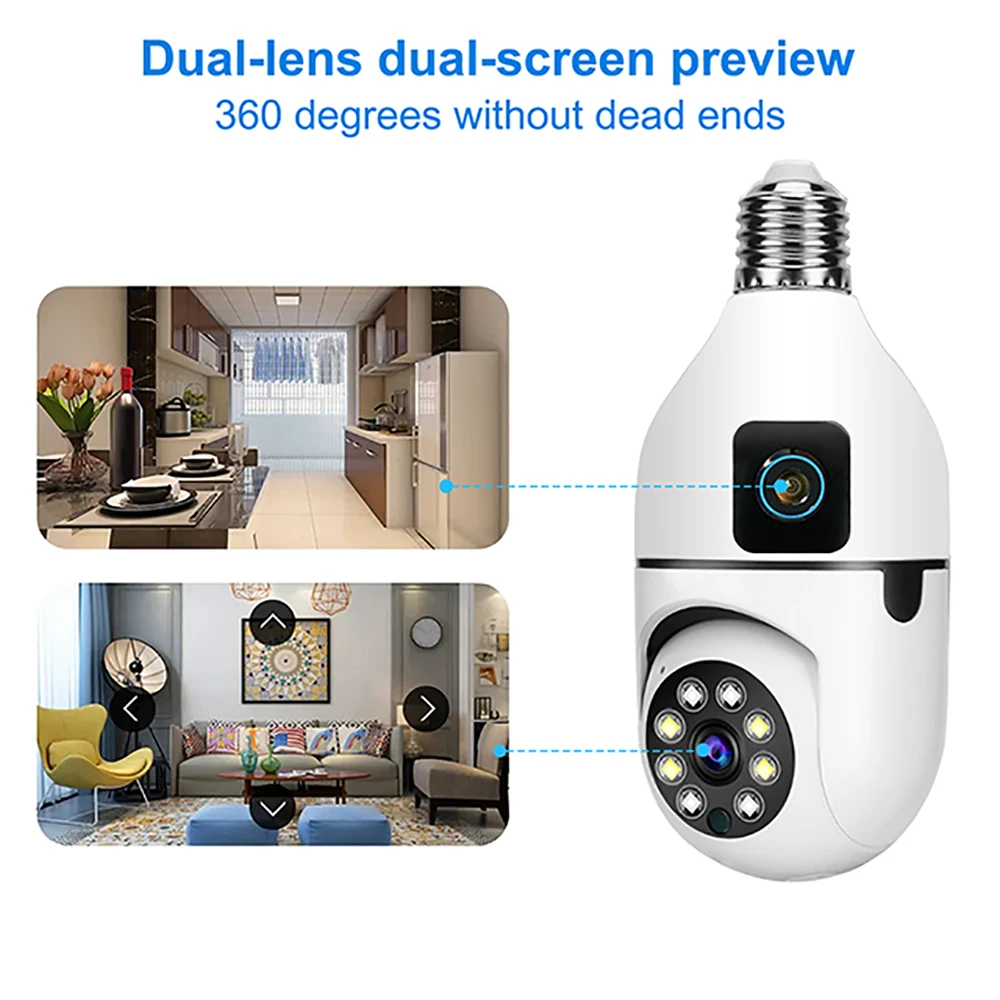 1080P WIFI Dual Lens Bulb Camera V380 Wireless PTZ Camera IP Color Night Vision Two-WayAudio Indoor Network Video Surveillance