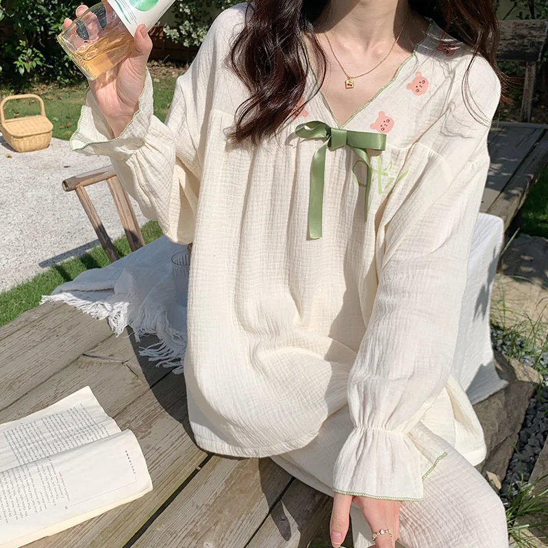 V-neck Pajamas with Pullover Spring and Autumn Loose Loungewear Cute Girl Dorm Sleepwear Long-sleeved Trousers Set Nightwear