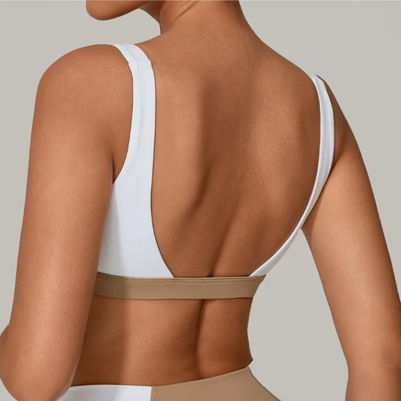 

Women's Wide Strap Yoga Bra - Color Block Backless Sports Top Quick-Dry Shockproof for Running Gym Workout & Fitness
