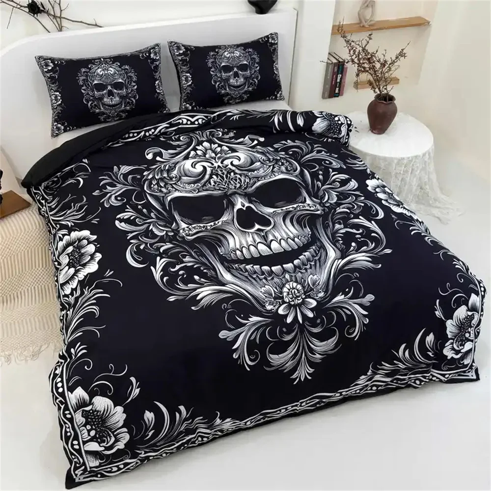 القوطية الجمجمة حاف مجموعة غطاء أسود أبيض تصميم الفيكتوري الباروك الملكة الملك الحجم طقم سرير مع المخدة لغرفة النوم